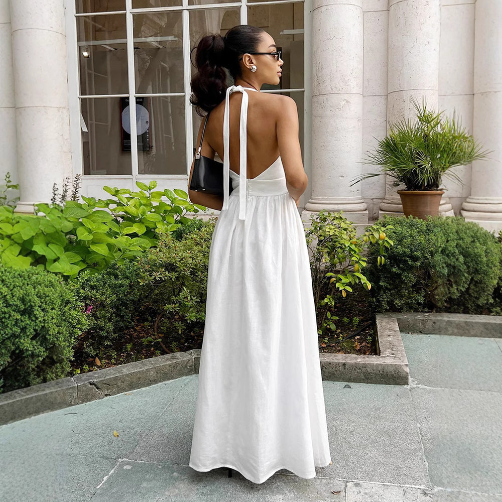 Export cross-border  summernew arrival women's pure colorv neckelegantbacklesstie back waist large swing dress for women