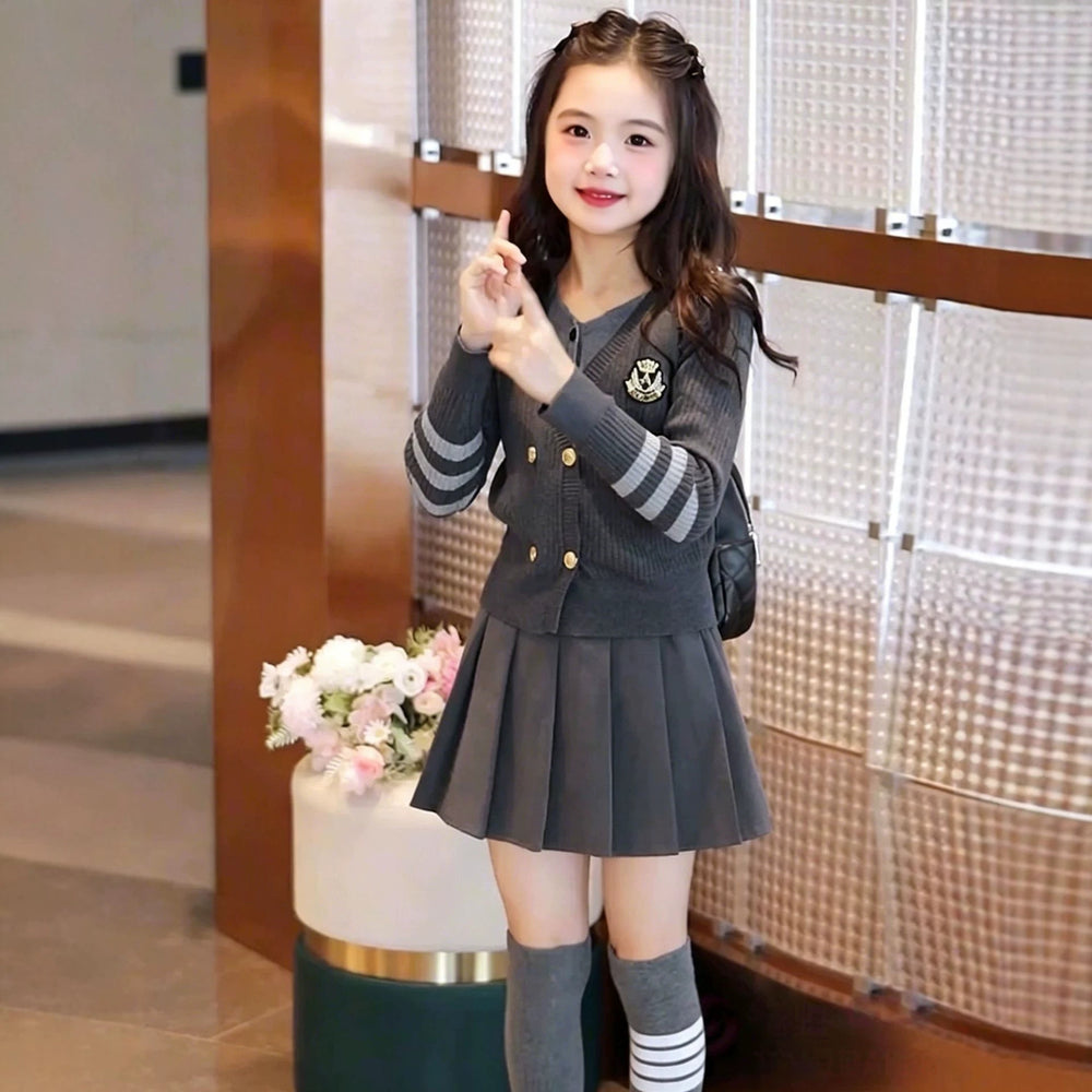 Girls' knit sweater set -  autumn collection: faux two-piece cardigan, preppy korean style, spring/autumn two-piece outfit