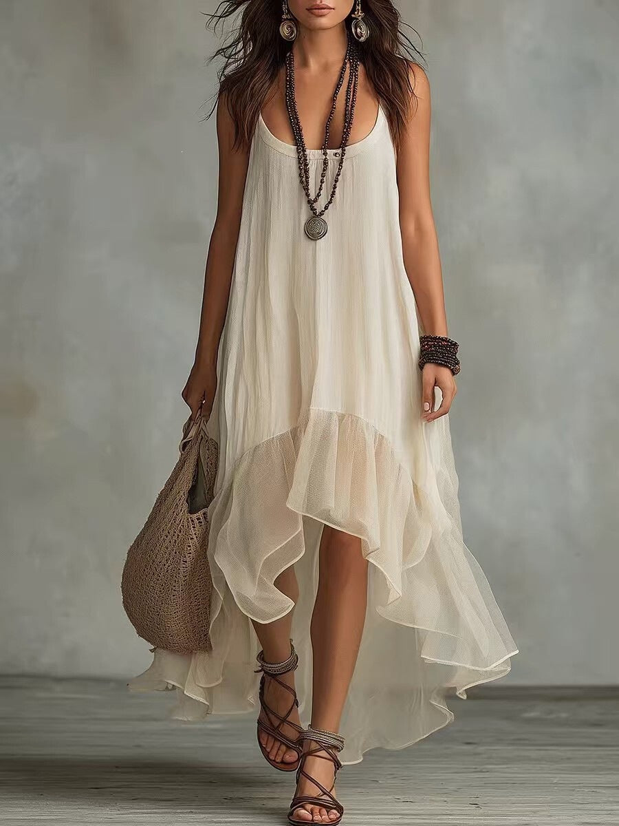new cross-border  style bohemian vacation solid color cami dress with u-neck for women