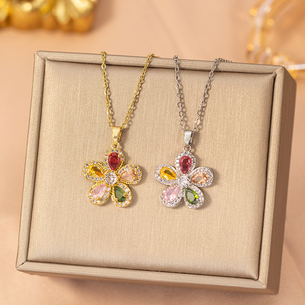 [titanium steel] fashion full diamond copper inlaid zirconium five-petal flower necklace for women, non-fading niche classy simple clavicle chain