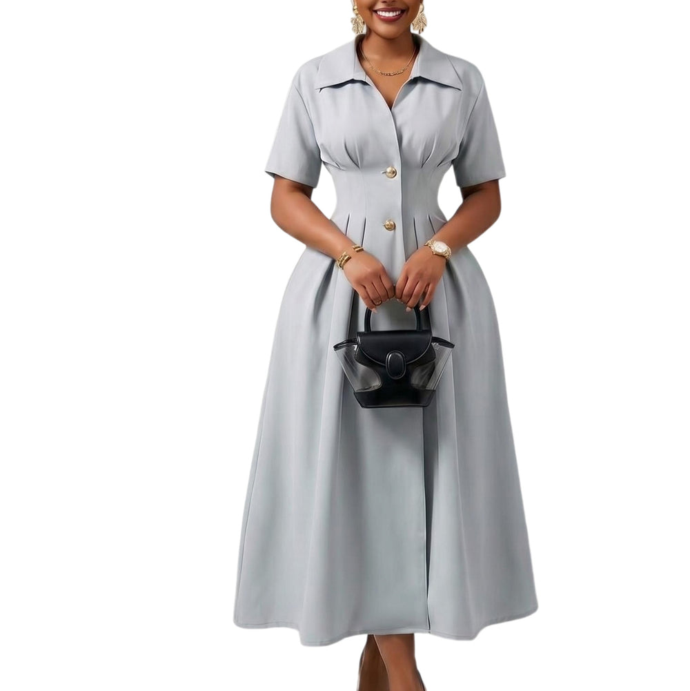 D639 european and american cross-border foreign trade  new lapel short-sleeved high waist lapel large swing mid-length foreign trade dress