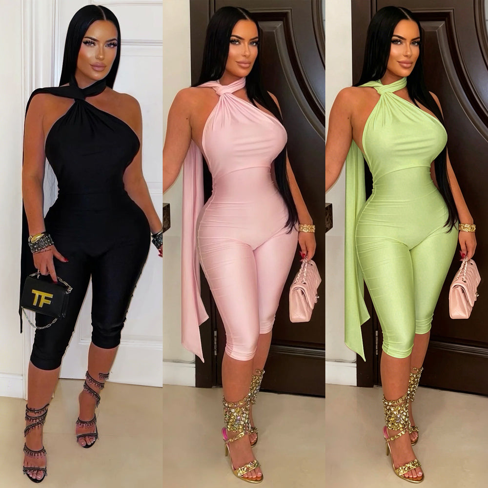 C7719 cross-border   fashion women's sexy casual solid color open-back jumpsuit