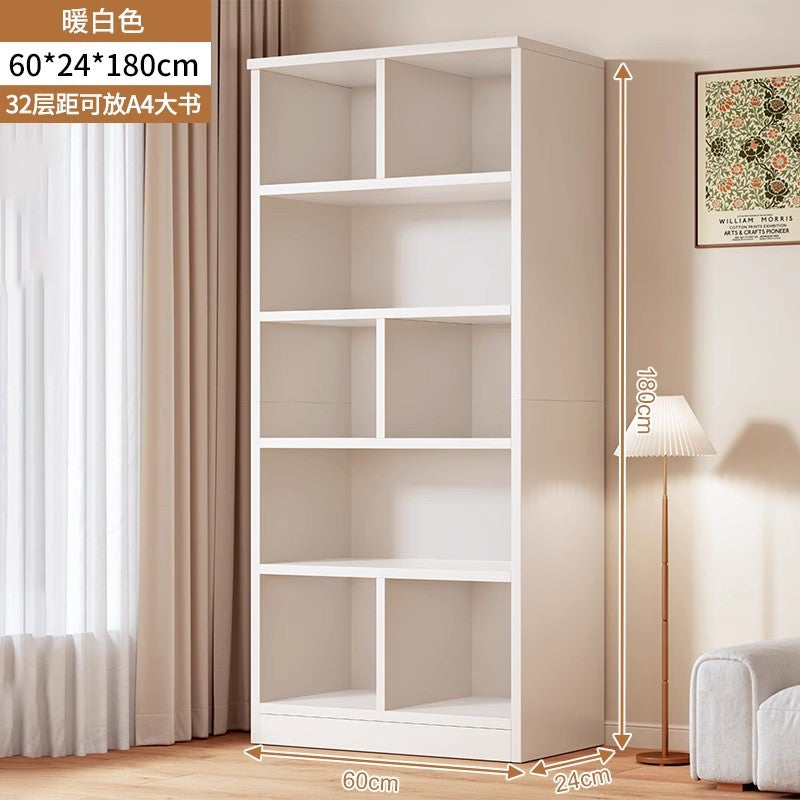 Simple bookshelf floor-to-ceiling against the wall, living room shelf layered storage rack, storage cabinet integrated, simple household bookcase