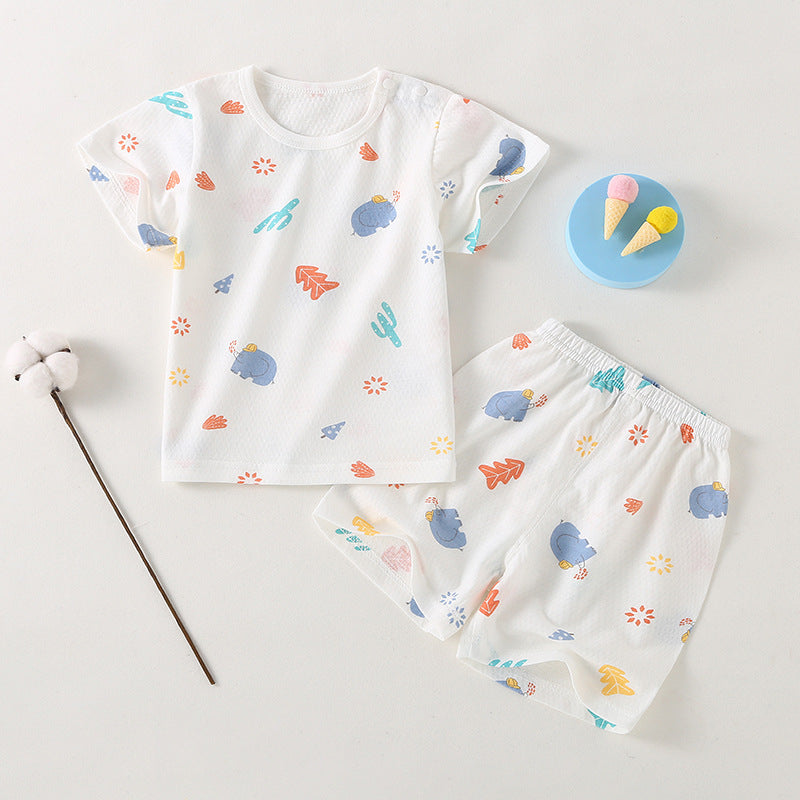 Baby short-sleeve set, one-year-old summer outfit, girls' ice silk top and shorts, lightweight summer two-piece set, 100% cotton