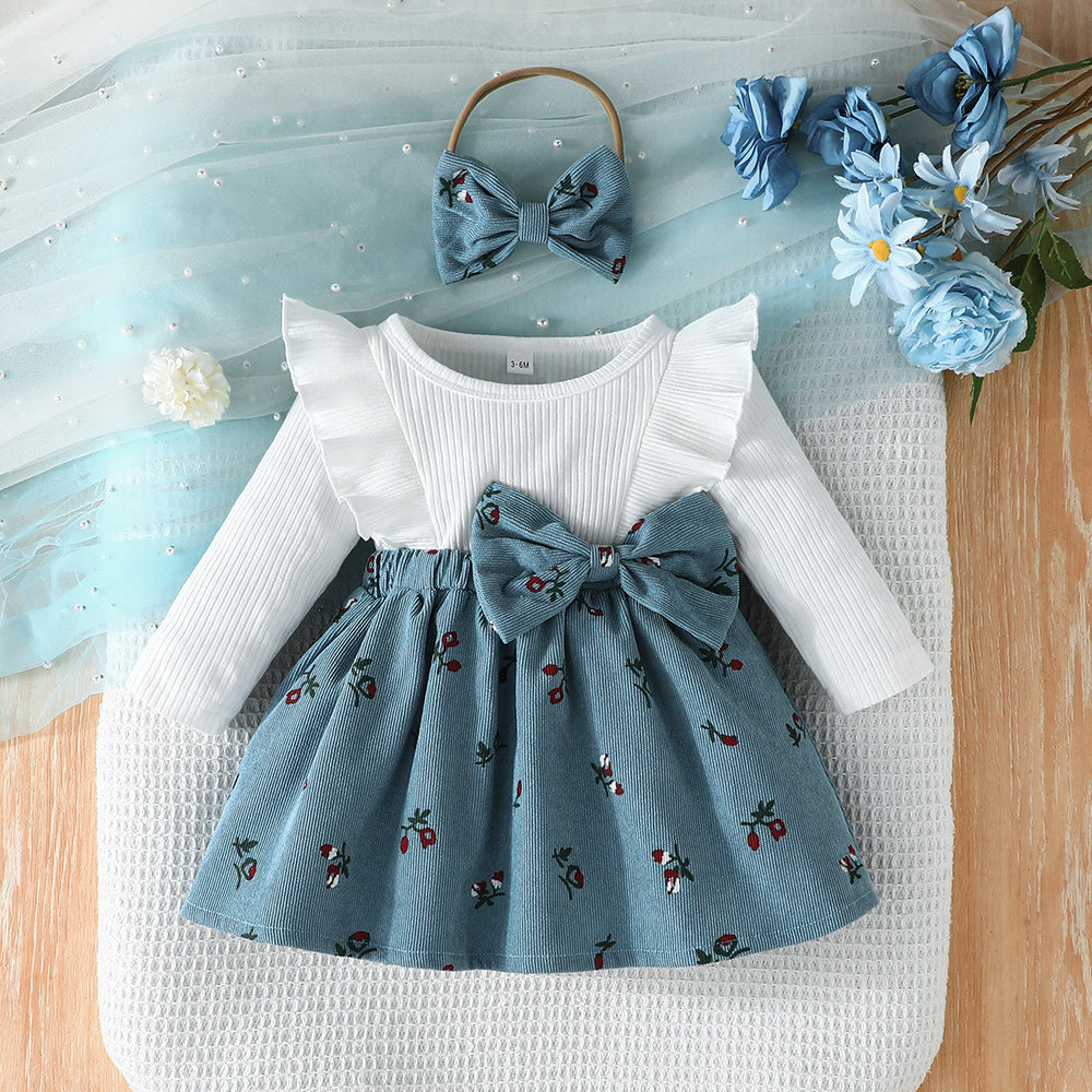baby girl printed flutter sleeve ruffle trim bow 2-in-1 dress with headband - new autumn dress