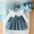 baby girl printed flutter sleeve ruffle trim bow 2-in-1 dress with headband - new autumn dress