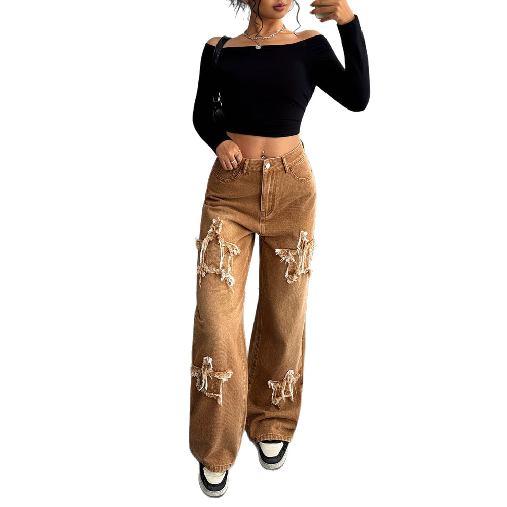 American brown star raw edge patch wide-leg jeans women's high waistloose floor-length straight-leg pants cross-border hot sale