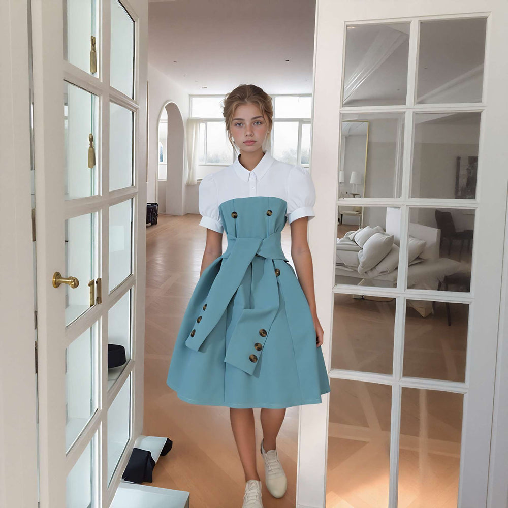 Children's short-sleeved lapel button patchworkcontrast colordress