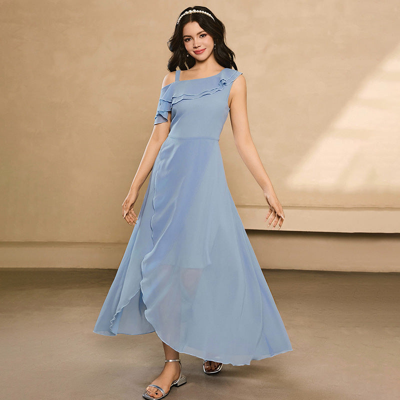 European and american style chiffon one-shoulder a-line dress for teens - minimalist, elegant, and fashionable with hair accessories