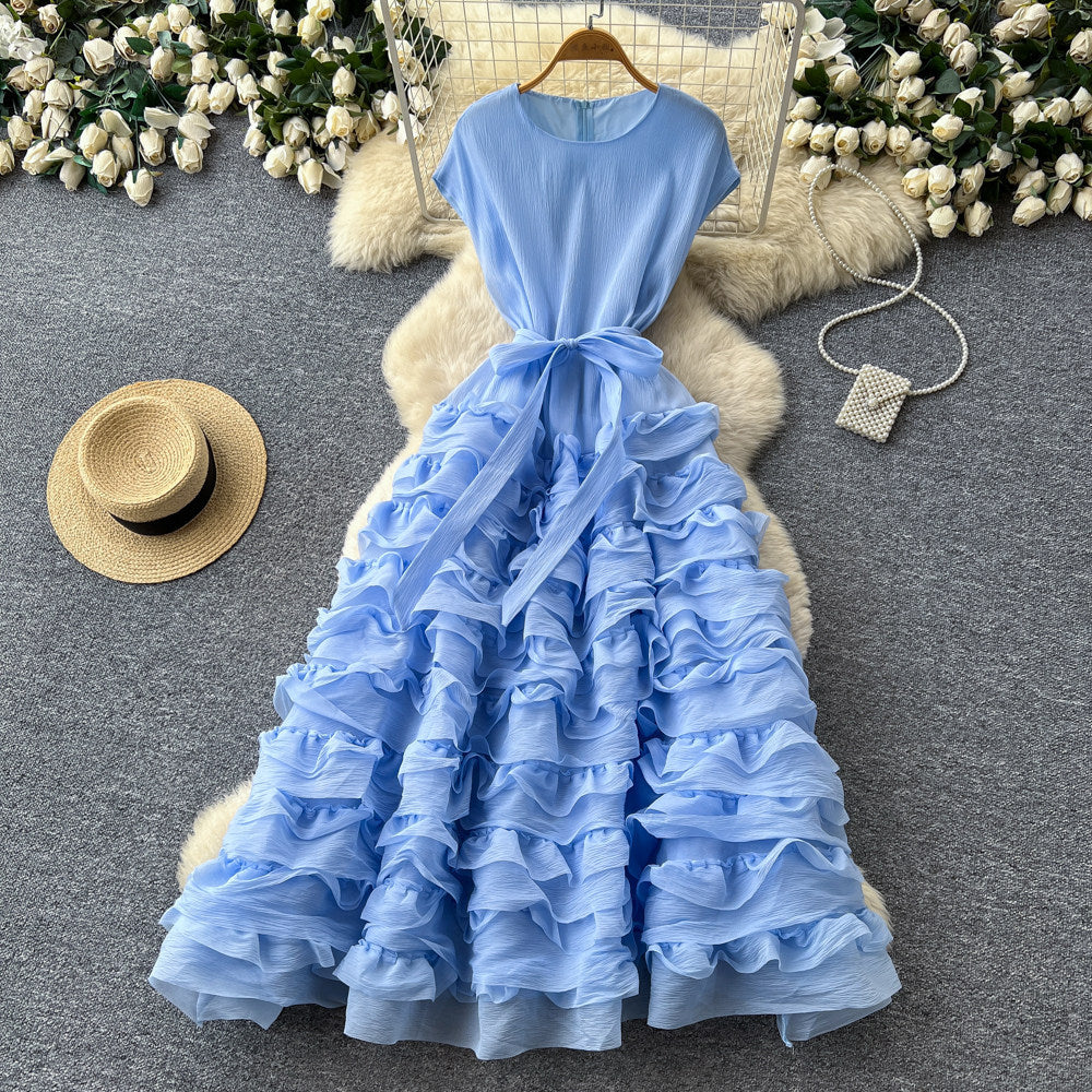 spring/summer new arrival: elegant solid color round neck sleeveless dress - loose fit, tie-waist, multi-layered ruffle maxi dress
