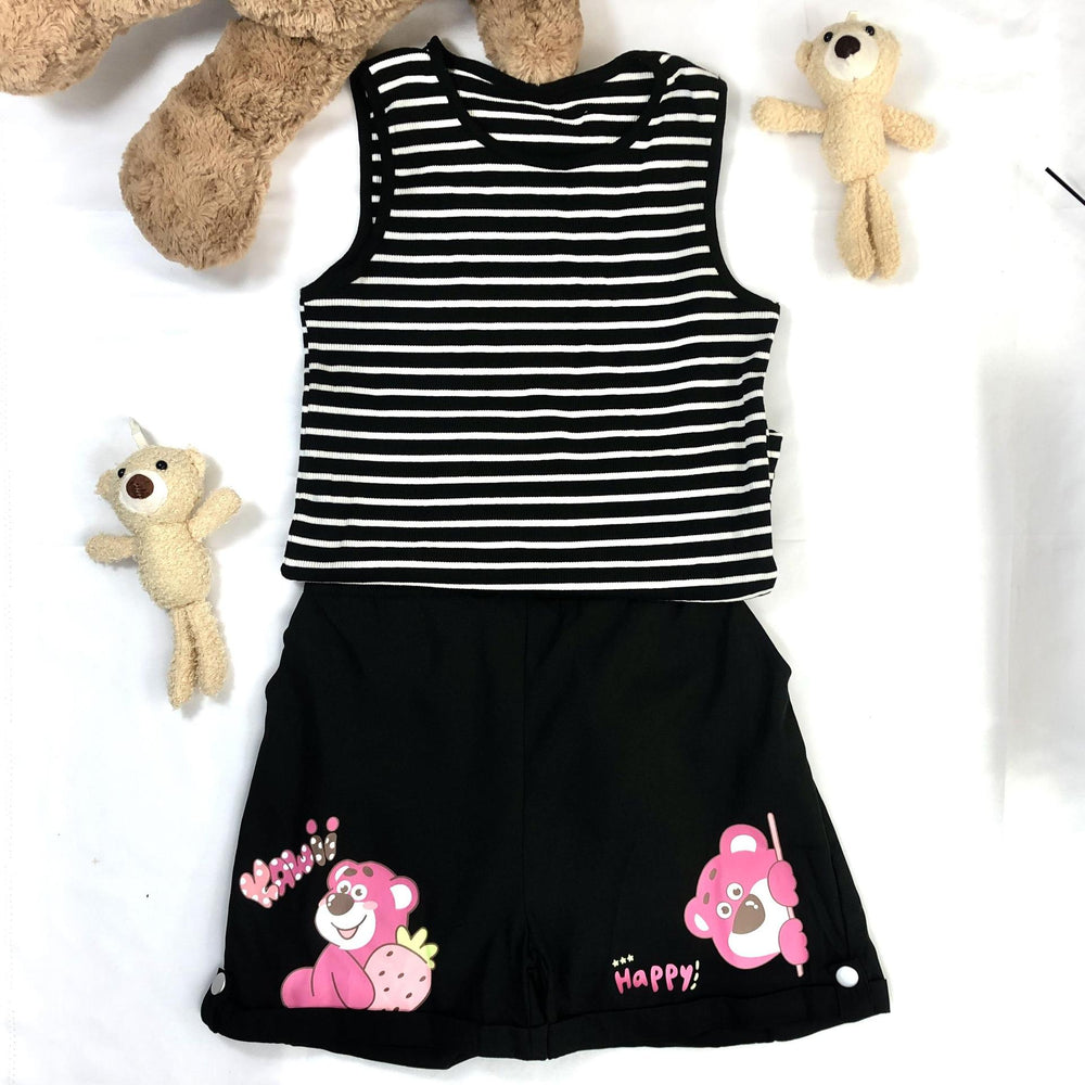 Summer girls' two-piece outfit: striped tank top with one-shoulder straps and shorts, featuring cartoon print, fashionable kuromi korean style