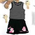 Summer girls' two-piece outfit: striped tank top with one-shoulder straps and shorts, featuring cartoon print, fashionable kuromi korean style