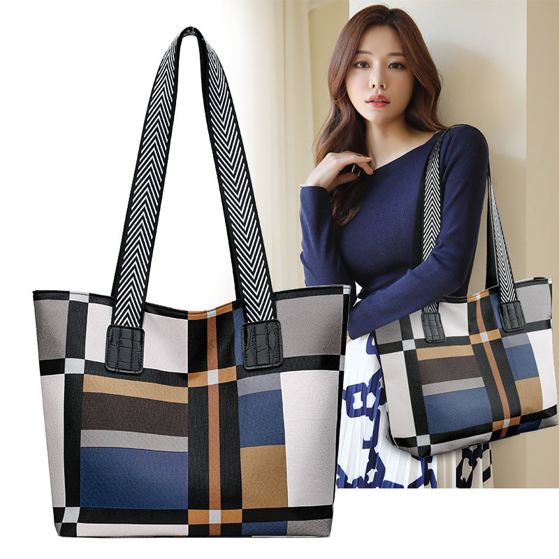 Trendy women's bag new korean style plaid shoulder bag color block large capacity tote bag handbag mom bag