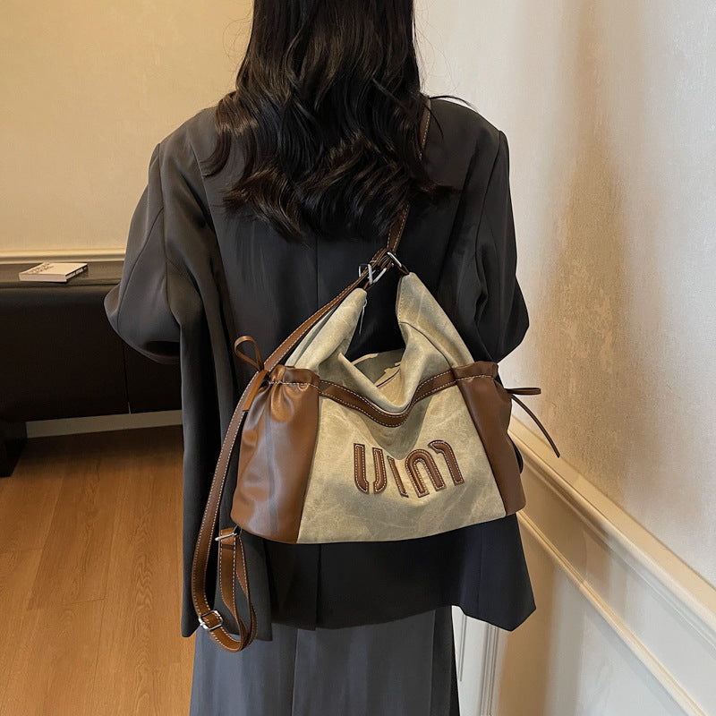 Casual retro large capacity tote bag women's 2025 new single/double shoulder backpack trendy versatile crossbody commuter bag