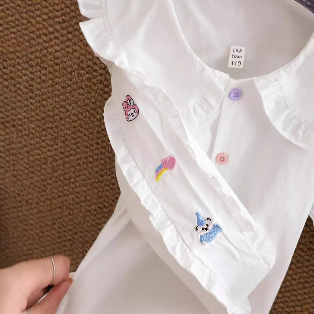 Baby girl autumn outfit doll collar shirt  new infant cartoon embroidery children's long sleeve doll collar top