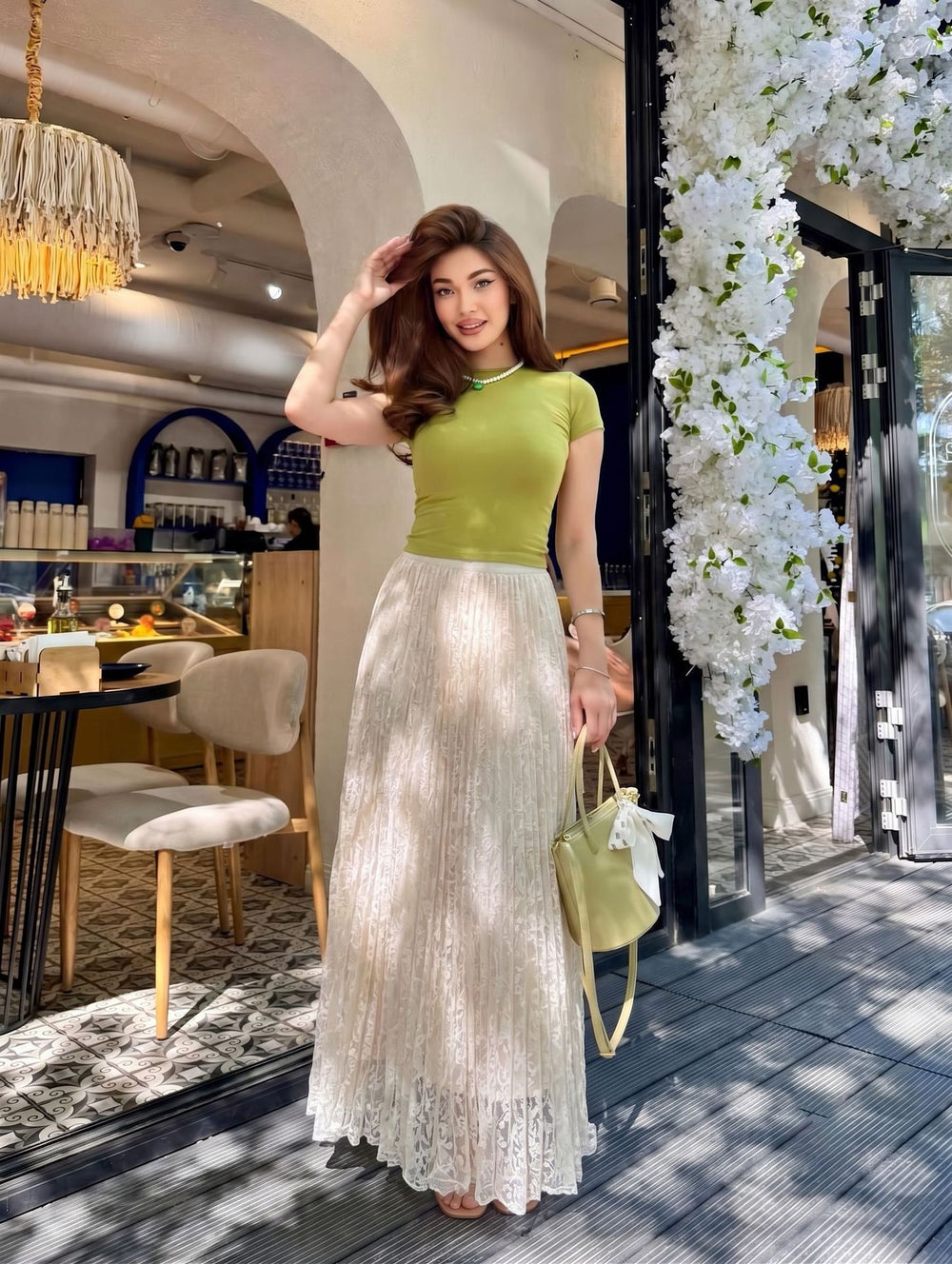 Fashionexport cross-border fashion high waistsweetlacepleated skirt long skirt a-line skirt slimming lookeasiest for matchwork clothing