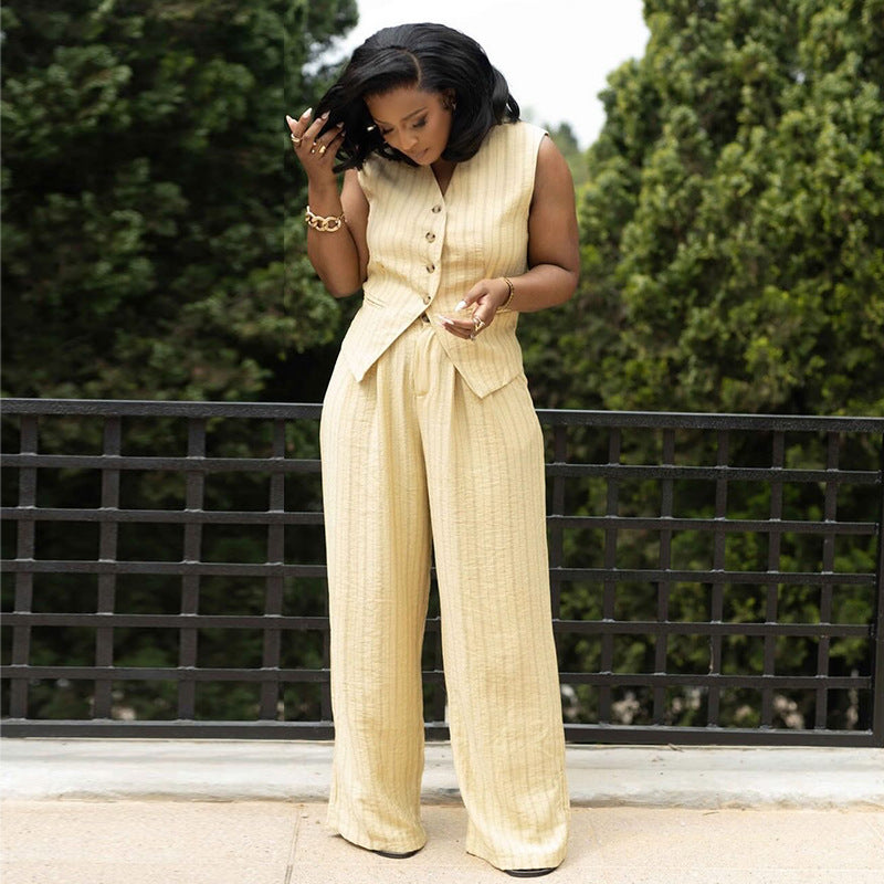 European and american women's clothing  autumn new collection: sweet and fresh striped vest top and high-waisted straight-leg pants two-piece set