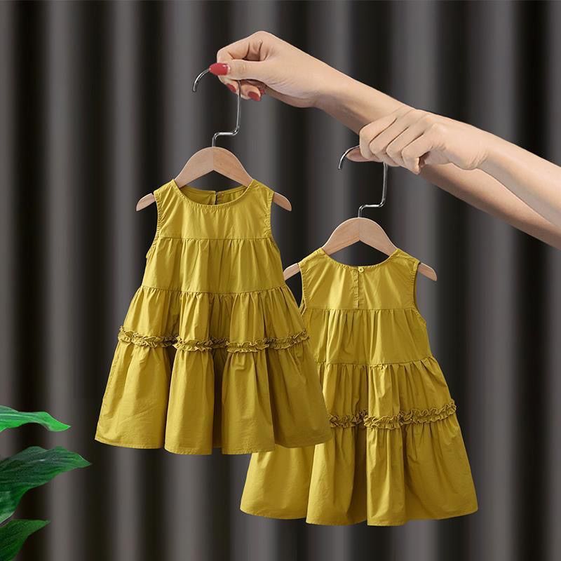 Girls'  summer new sleeveless solid color dress, stylish mid-length cotton princess dress, korean style