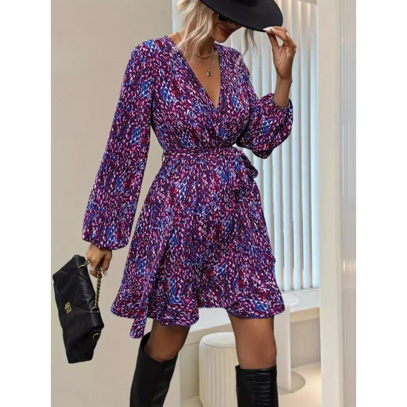 Shipped:  hot-selling leopard print v-neck high-waisted tie-waist irregular women's dress for cross-border e-commerce (europe & america)
