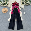 Autumn wear light mature style royal sister style classy sense v necklong sleevesprintingpatchworkhigh waistslimming lookcasualloose pants jumpsuit