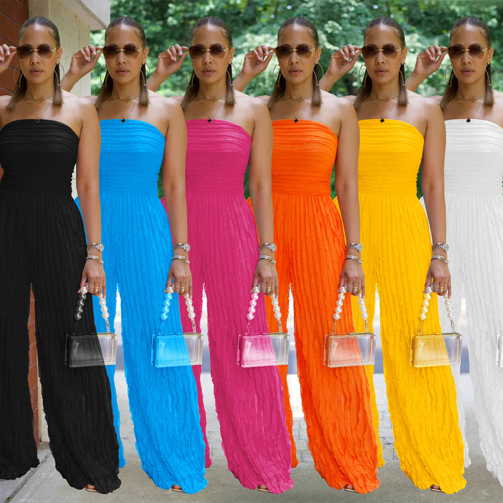C7465 cross-border   fashion women's solid color loose casual wavy pattern jumpsuit new