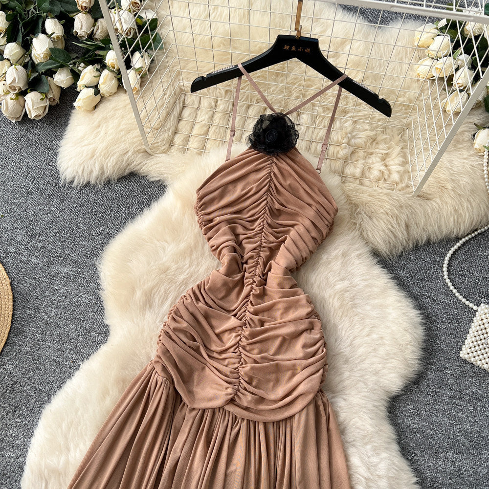 European and american fashionable socialite style halter dress - women's irregular pleated slimming beach maxi dress