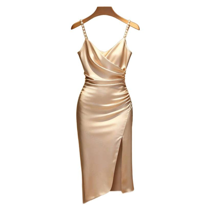 Women's summer new arrival: elegant solid color criss-cross neck pearl-embellished slit midi slip dress with buttoned waist