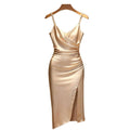 Women's summer new arrival: elegant solid color criss-cross neck pearl-embellished slit midi slip dress with buttoned waist