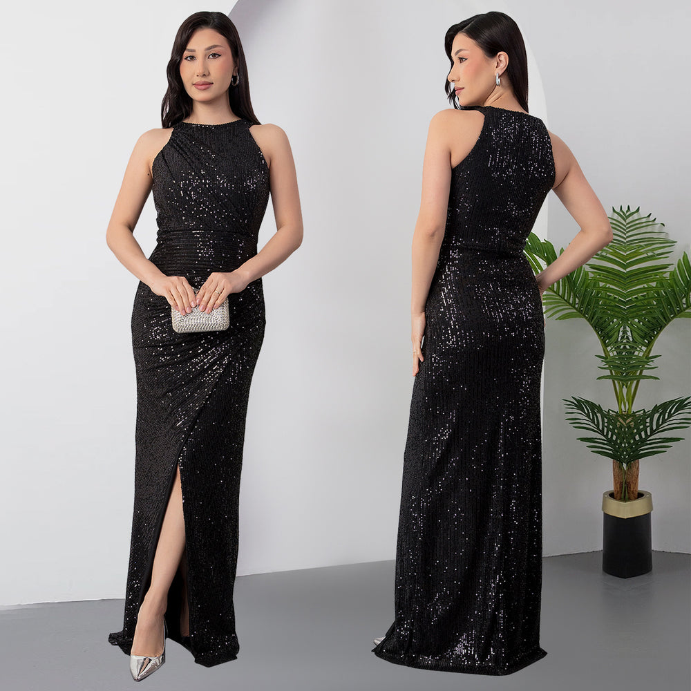 C7356 cross-border   fashion women's sequin textured slit evening gown dress