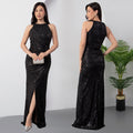 C7356 cross-border   fashion women's sequin textured slit evening gown dress