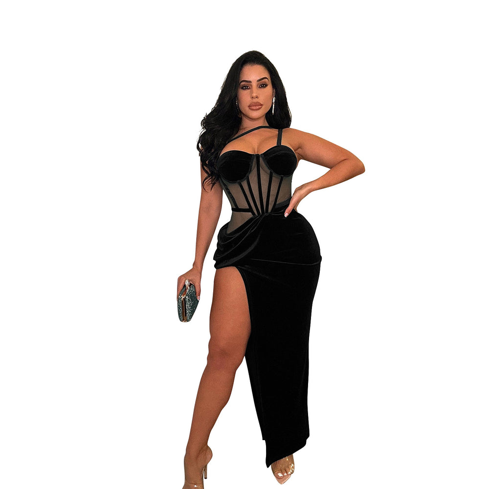 C6732 cross-border   fashion women's solid color mesh suspender slit maxi dress