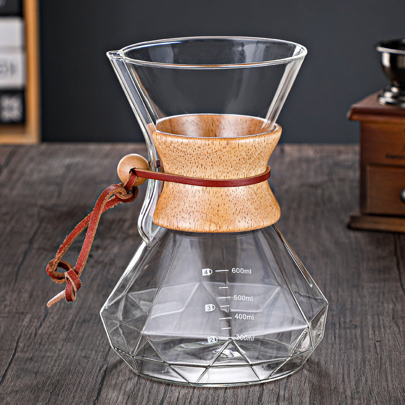pour-over coffee maker set, diamond-shaped chemex sharing carafe, heat-resistant glassware for home use, with logo imprinting available