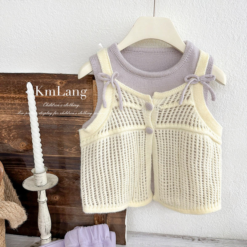 Ready-to-ship korean style girls' outfit:  autumn collection - chic purple camisole with cutout vest and casual flare pants set