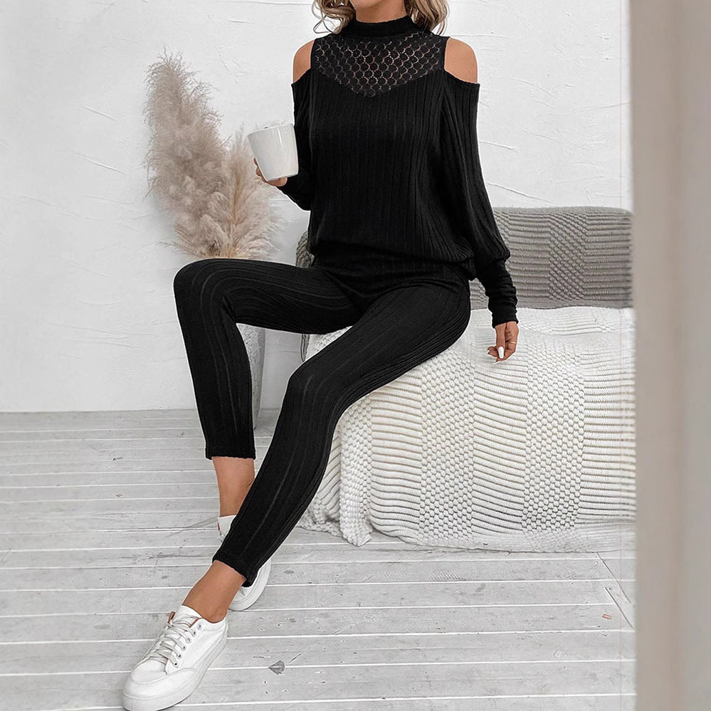 Amazon cross-border fashion set: european and american style, casual off-shoulder long sleeve top and pants two-piece set with cutout detail