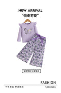 girls' autumn outfit: purple long-sleeve top with butterfly print and belted pleated pants - two-piece set for kids