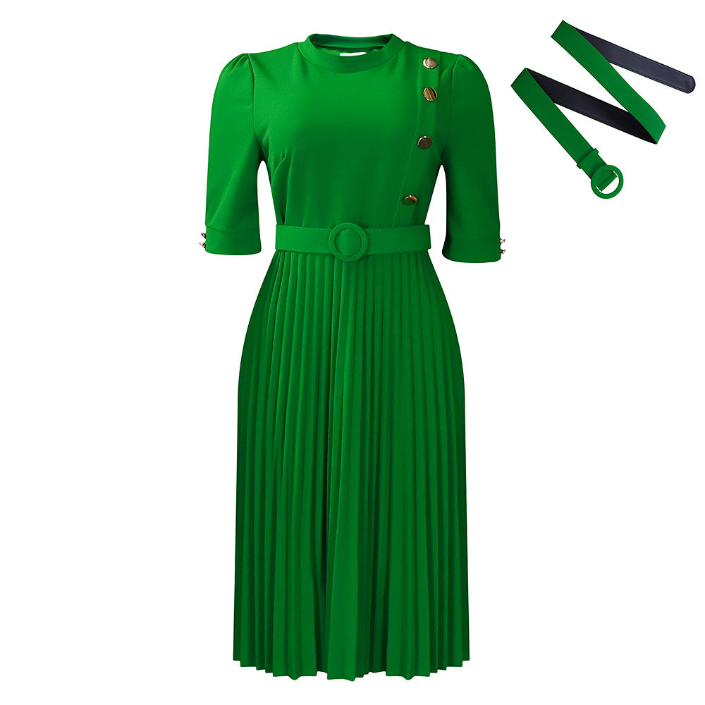 D433 independent station export women's clothing  autumn and winter new arrival african elegantpure color pleated button exportdress