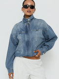 fashion style  spring autumretro washed stand collar casual denim jacketoutwearshortlong sleeves