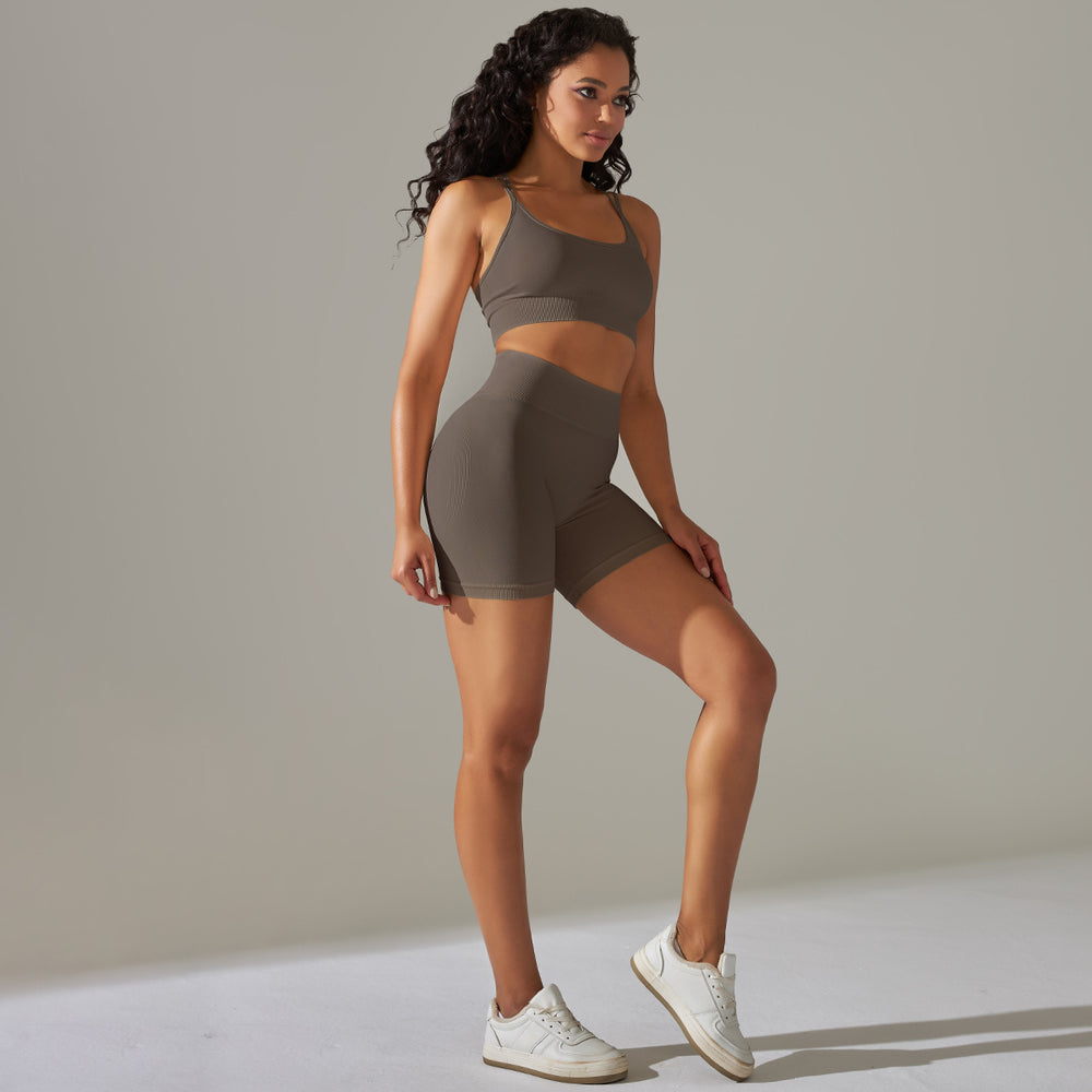 fashion seamless tight cross back sports intimates yoga suit running fitness shorts two-piece set