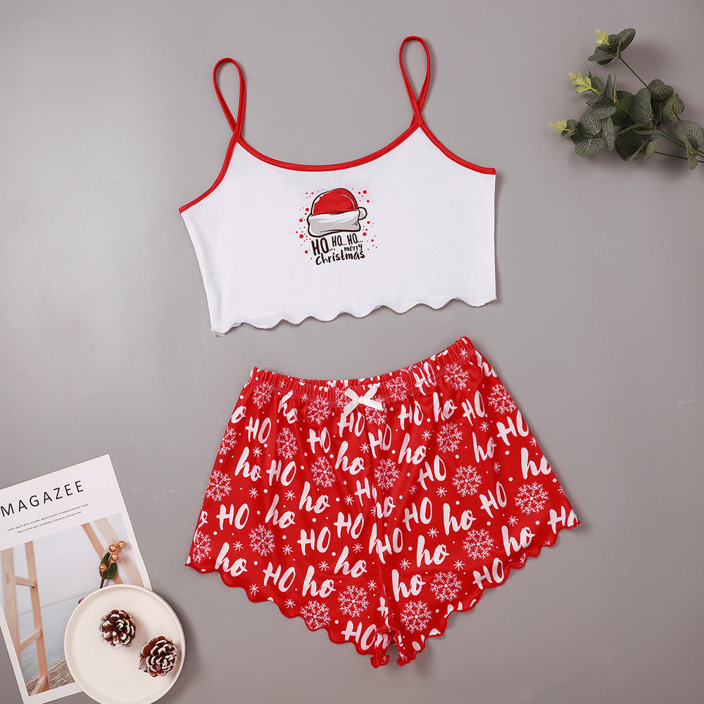 hot-selling christmas european and american style thin pajamas simple printed suspender milk silk shorts sexy two-piece set