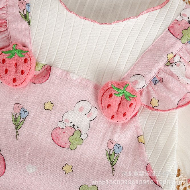 Baby girl summer short-sleeve strawberry romper - faux two-piece infant bodysuit - newborn outfit