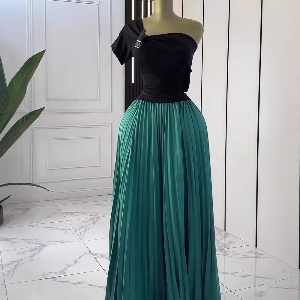 European and american cross-border women's fashion:  autumn new collection - solid color short sleeve bandeau top with asymmetrical neckline, cinched waist, and pleated detailing - elegant two-piece set
