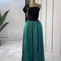 European and american cross-border women's fashion:  autumn new collection - solid color short sleeve bandeau top with asymmetrical neckline, cinched waist, and pleated detailing - elegant two-piece set