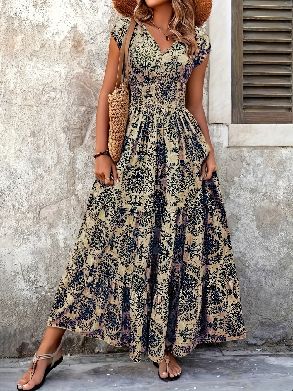 cross-border e-commerce hot-selling new print v-neck fitted waist maxi dress - european and american style for