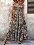 cross-border e-commerce hot-selling new print v-neck fitted waist maxi dress - european and american style for