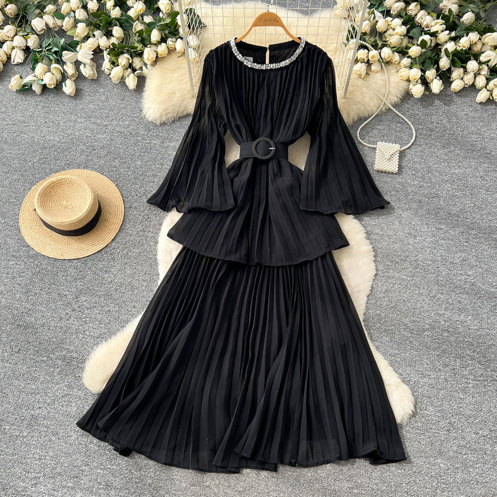 Heavy industry diamond-encrusted bell sleeves pleated sequindress women's red waist slimming look a-line large skirt qianjin style