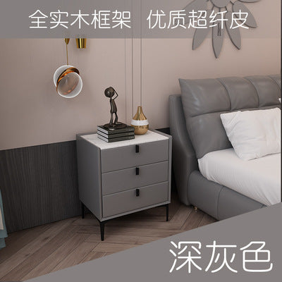 Ready-to-ship, modern, minimalist faux leather bedside table with three drawers, italian-style high-end, popular bedroom solid wood nightstand