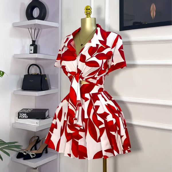 European and American women's clothing 2025 summer sweet and fresh printing lapel collar short-sleeved shirt high waist pleated skirt two-piece set