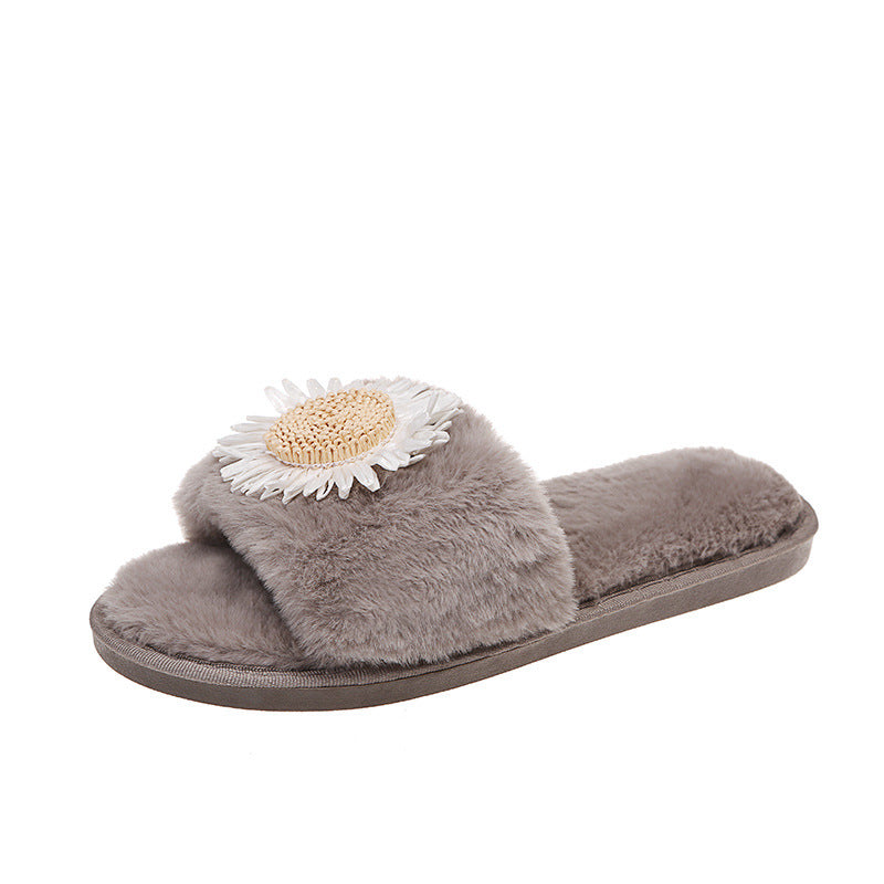 2024new arrival women's large size fur slippers fall and winter flip-flops flat heel open toe popular sunflower heattech floor slippers