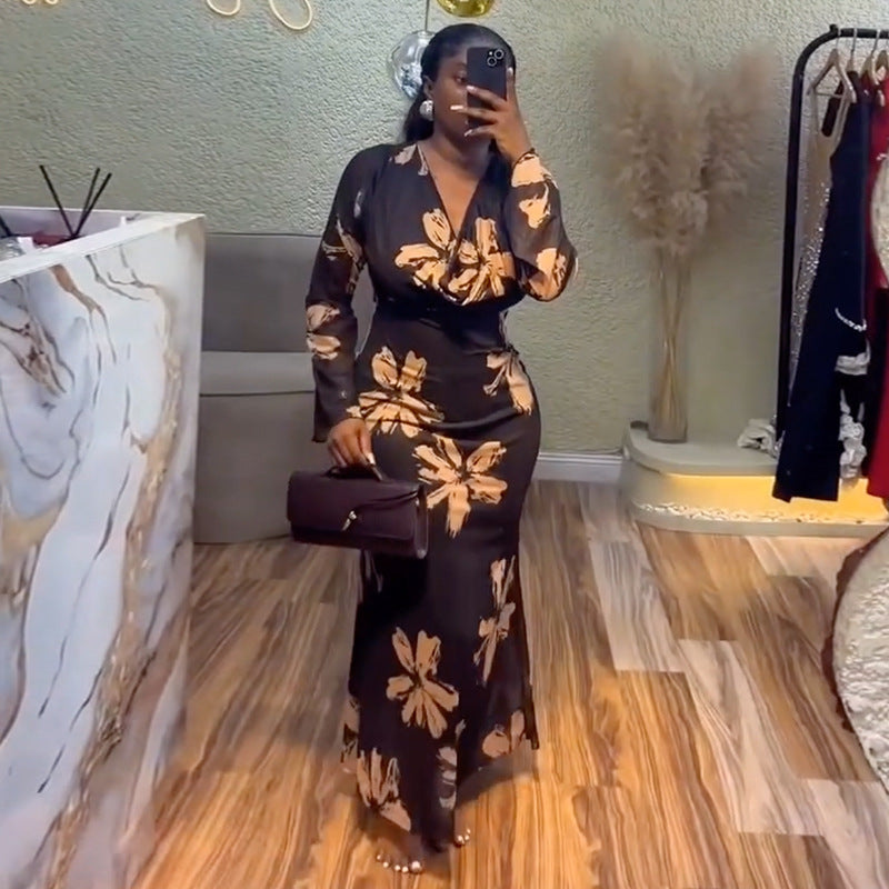 European and american cross-border women's fashion:  spring new arrival - chic and elegant scalloped neck slim-fit bodycon printed long sleeve dress