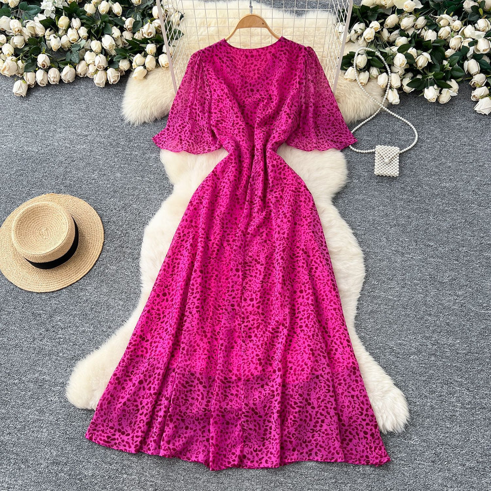 European and american style leopard print dress - women's summer ruffle sleeve, slimming waist, exquisite design, luxurious and chic, long maxi dress